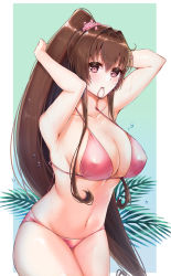 Rule 34 | 1girl, absurdres, ayuko91, bikini, blue background, blush, border, breasts, brown eyes, brown hair, cleavage, collarbone, covered erect nipples, flower, hair flower, hair intakes, hair ornament, highres, kantai collection, large breasts, leaning forward, long hair, looking at viewer, navel, outside border, pink bikini, ponytail, sideboob, sidelocks, solo, swimsuit, tying hair, very long hair, white border, yamato (kancolle)