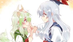 Rule 34 | 2girls, 6 (yuchae), blue hair, crying, crying with eyes open, dual persona, ex-keine, facing another, from side, green hair, hand on another&#039;s head, hand on own head, hat, horns, kamishirasawa keine, long hair, multiple girls, orange background, headpat, puffy short sleeves, puffy sleeves, red eyes, short sleeves, sidelocks, silver hair, smile, tail, tears, touhou, white background, aged down
