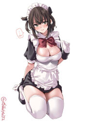 Rule 34 | 1girl, alternate costume, apron, black dress, black footwear, blush, breasts, brown eyes, brown hair, dress, ebifurya, elbow gloves, frilled apron, frills, gloves, hair flaps, hatsuzuki (kancolle), highres, kantai collection, large breasts, looking at viewer, maid, maid apron, maid headdress, medium hair, one-hour drawing challenge, puffy short sleeves, puffy sleeves, ribbon, short sleeves, sidelocks, simple background, solo, thighhighs, twitter username, white apron, white background