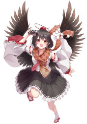 Rule 34 | 1girl, :d, absurdres, bare shoulders, black hair, black skirt, camera, collared shirt, frilled skirt, frills, full body, geta, hat, highres, holding, holding camera, looking at viewer, messiah &amp; crea, necktie, open mouth, orange scarf, pointy ears, pom pom (clothes), red eyes, red necktie, scarf, shameimaru aya, shirt, short hair, simple background, skirt, sleeveless, sleeveless shirt, smile, socks, solo, tabi, tokin hat, touhou, white background, white shirt, white sleeves, white socks
