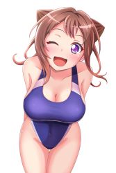 Rule 34 | 1girl, arms behind back, bang dream!, bare shoulders, blue one-piece swimsuit, blush, breasts, brown hair, cleavage, collarbone, competition swimsuit, cone hair bun, covered navel, cowboy shot, hair bun, highleg, highleg swimsuit, highres, large breasts, leaning forward, looking at viewer, one-piece swimsuit, one eye closed, open mouth, poposukii, purple eyes, sidelocks, simple background, solo, swimsuit, thigh gap, toyama kasumi, white background