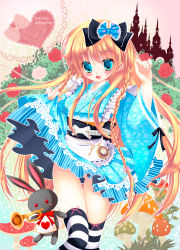 Rule 34 | 10s, 1girl, 2013, :d, alice (alice in wonderland), alice in wonderland, black thighhighs, blonde hair, blue eyes, blush, blush stickers, bow, castle, fang, flower, hair bow, heart, highres, instrument, japanese clothes, key, lolita fashion, long hair, open mouth, pocket watch, rabbit, rose, silhouette, skirt, smile, solo, thigh gap, thighhighs, trumpet, very long hair, wa lolita, watch, white flower, white rose, white thighhighs, yuutsuki hina