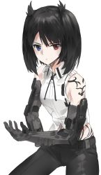 Rule 34 | 1girl, bad id, bad twitter id, bare shoulders, black hair, black pants, black ribbon, closed mouth, collared shirt, copyright request, cowboy shot, fighting stance, heterochromia, kfr, mechanical arms, neck ribbon, pants, purple eyes, red eyes, ribbon, shirt, short hair, simple background, solo, standing, twintails, white background, white shirt, wing collar