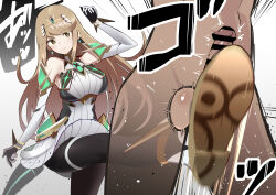 Rule 34 | 1boy, 1girl, ball busting, bare shoulders, bdsm, black pantyhose, blonde hair, breasts, chest jewel, clothed female nude male, crotch kick, dress, elbow gloves, femdom, garasuhokou, gloves, highres, jewelry, long hair, mythra (massive melee) (xenoblade), nude, pantyhose, short dress, simple background, swept bangs, testicles, thigh strap, tiara, very long hair, white background, white dress, white gloves, xenoblade chronicles (series), xenoblade chronicles 2, yellow eyes