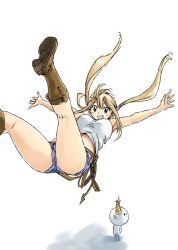 Rule 34 | 1girl, ass, blonde hair, breasts, fairy tail, falling, female focus, hair between eyes, happy, large breasts, long hair, looking at viewer, lucy heartfilia, mashima hiro, official art, plue, shorts, simple background, solo, twintails
