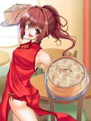 Rule 34 | 1girl, arc system works, ass, bare shoulders, blazblue, blush, breasts, brown eyes, brown hair, celica a. mercury, china dress, chinese clothes, dress, from behind, hair ribbon, highres, long hair, looking at viewer, looking back, open mouth, ribbon, slavedoll, smile, solo