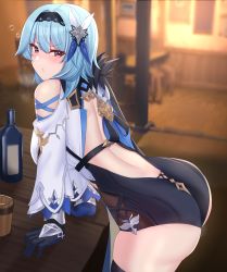Rule 34 | 1girl, absurdres, alcohol, ass, back, backless outfit, bare shoulders, beer mug, bent over, blush, bottle, breasts, chair, cup, drunk, eula (genshin impact), genshin impact, gloves, hairband, half-closed eyes, highres, huge filesize, indoors, kanta (kanta 077), leotard, long sleeves, looking at viewer, mug, on table, table, thighhighs, wine bottle, wooden table