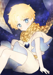 Rule 34 | 1boy, blonde hair, blue eyes, blush, fate/grand order, fate/requiem, fate (series), floating, highres, male focus, oumi sanaka, robe, scarf, space, star (sky), voyager (fate), yellow scarf
