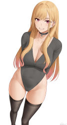 Rule 34 | 1girl, :d, absurdres, alternate costume, arms behind back, bare hips, black choker, black thighhighs, blonde hair, blush, breasts, choker, cleavage, collarbone, covered navel, ear piercing, feet out of frame, gradient hair, grey leotard, grin, groin, highres, kitagawa marin, large breasts, leotard, long hair, long sleeves, looking at viewer, multicolored hair, open mouth, paid reward available, parted lips, piercing, pink eyes, pink hair, simple background, smile, solo, sono bisque doll wa koi wo suru, standing, thick thighs, thighhighs, thighs, very long hair, white background, wide hips, zaphn