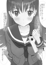 Rule 34 | 1girl, commentary request, cowboy shot, dress, from above, greyscale, kantai collection, kujira naoto, long hair, long sleeves, monochrome, neckerchief, ooi (kancolle), paper, pleated dress, sailor collar, school uniform, serafuku, solo, translation request