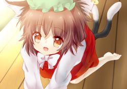 Rule 34 | 1girl, all fours, animal ears, bare legs, bow, brown eyes, brown hair, cat ears, cat girl, cat tail, chen, dqn (dqnww), earrings, fangs, female focus, floor, hat, jewelry, multiple tails, open mouth, short hair, smile, solo, tail, touhou, wooden floor