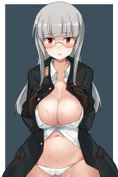 Rule 34 | 1girl, absurdres, black gloves, blue background, blush, breasts, buta-don, cameltoe, cleavage, collarbone, glasses, gloves, grey hair, heidimarie w. schnaufer, highres, large breasts, long hair, looking at viewer, military, military uniform, navel, no bra, panties, red eyes, shirt, simple background, solo, strike witches, underwear, uniform, white panties, white shirt, world witches series