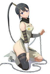 Rule 34 | 1girl, absurdres, bad id, bad pixiv id, belt, black belt, black hair, black scarf, black thighhighs, blue eyes, blush, boots, breasts, chain, closed mouth, commentary, detached sleeves, dress, frown, full body, highres, kneeling, long hair, looking at viewer, medium breasts, nakatsukasa tsubaki, ponytail, scarf, shadow, side slit, simple background, sleeveless, sleeveless dress, solo, soul eater, star (symbol), taiga (ryukyu-6102-8), thighhighs, white background, white dress, white footwear