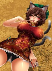 Rule 34 | 2girls, aged up, alternate breast size, animal ears, bell, bike shorts, blood, blush, breasts, brown hair, cat ears, cat girl, cat tail, chen, china dress, chinese clothes, covered erect nipples, dress, ear piercing, earrings, female focus, fingernails, floral print, hat, highres, impossible clothes, impossible dress, inset, jewelry, large breasts, licking, long fingernails, multiple girls, multiple tails, nekoarashi, nekomata, nosebleed, piercing, shirt, short hair, shorts, shorts under skirt, skirt, tail, taut clothes, taut shirt, tongue, tongue out, touhou, upskirt, very long fingernails, yakumo ran, yana (nekoarashi), yellow eyes