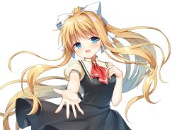 Rule 34 | 1girl, :d, air (visual novel), black dress, blonde hair, blue eyes, blush, bow, breasts, commentary request, cross, dress, hair bow, hand up, head tilt, high ponytail, kamio misuzu, latin cross, long hair, looking at viewer, mauve, open mouth, outstretched arm, ponytail, puffy short sleeves, puffy sleeves, red neckwear, short sleeves, simple background, sleeveless, sleeveless dress, small breasts, smile, solo, very long hair, white background, white bow
