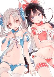 Rule 34 | 2girls, absurdres, animal ears, bare shoulders, black hair, blue bra, blue eyes, blue panties, bow, bra, breasts, choker, chris (dsmile), cowboy shot, detached sleeves, dsmile, fake animal ears, fake tail, flat chest, grey hair, hair bow, highres, bridal garter, long hair, looking at viewer, multiple girls, navel, no bra, open mouth, original, panties, ponytail, rabbit ears, rabbit tail, red bra, red eyes, red panties, ribbon choker, sarah (dsmile), scan, short sleeves, simple background, small breasts, stomach, striped, striped bow, tail, twintails, underwear, underwear only, very long hair, white background