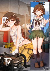 Rule 34 | 1girl, bare shoulders, blue eyes, blush, breasts, brown hair, cameltoe, collarbone, engine, girls und panzer, gloves, gluteal fold, green skirt, grin, highres, impossible clothes, impossible skirt, looking at viewer, megadeko, microskirt, multiple views, navel, no panties, one eye closed, ooarai school uniform, outdoors, pleated skirt, school uniform, short hair, skirt, small breasts, smile, tank top, tsuchiya (girls und panzer), white gloves, white tank top