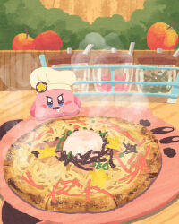 Rule 34 | apple, blue eyes, blush stickers, bush, chef hat, egg, food, food focus, foodification, fruit, hat, highres, kirby, kirby (series), kirby cafe, miclot, nintendo, no humans, open mouth, outdoors, pizza, saliva, sparkling eyes, steam, table, v-shaped eyebrows, white headwear