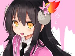 Rule 34 | 1girl, black hair, black necktie, collared shirt, commentary request, e.g.o (project moon), employee (project moon), fang, hair between eyes, hair ornament, heart, highres, horns, jacket, lobotomy corporation, long hair, necktie, open mouth, pink jacket, project moon, shirt, smile, solo, white shirt, yellow eyes, yoake (yoake 04)