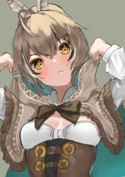 Rule 34 | 1girl, ahoge, arms up, blush, breasts, brown background, brown cape, brown eyes, brown hair, cape, closed mouth, corset, feather hair ornament, feathers, fringe trim, hair ornament, hairclip, head tilt, hololive, hololive english, long hair, long sleeves, looking at viewer, nanashi mumei, ponytail, simple background, small breasts, solo, takeno omoti, underbust, upper body, v-shaped eyebrows, virtual youtuber
