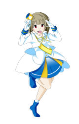Rule 34 | 1girl, artist name, artist request, bare legs, blue footwear, blue skirt, blush, boots, bow, bowtie, breasts, brown hair, buttons, collared shirt, cropped jacket, female focus, full body, gloves, grey hair, hat, highres, jacket, light brown hair, long sleeves, looking at viewer, love live!, love live! nijigasaki high school idol club, love live! school idol festival, mini hat, miniskirt, nakasu kasumi, neck ribbon, nijiiro passion!, nijiiro passions! (love live!), parted lips, plaid, plaid skirt, pleated, pleated skirt, purple eyes, rainbow-colored passions!, red eyes, ribbon, sash, shako cap, shirt, short hair, skirt, sleeve cuffs, smile, solo, standing, standing on one leg, white gloves, white jacket, white ribbon, white shirt, yellow bow, yellow ribbon, yellow sash