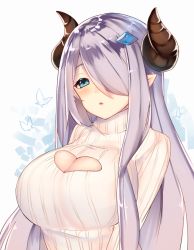 Rule 34 | 10s, 1girl, blue eyes, breasts, cleavage cutout, clothing cutout, draph, female focus, granblue fantasy, hair over one eye, horns, large breasts, narmaya (granblue fantasy), pink hair, pointy ears, ribbed sweater, sakofu, solo, sweater, turtleneck, upper body