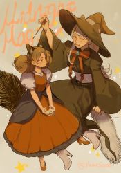 Rule 34 | 2girls, alternate costume, animal ears, text background, black dress, boots, bow, brown eyes, brown hair, dress, eyebrows, closed eyes, frilled dress, frills, grin, haiba arisa, haikyuu!!, hat, highres, holding, holding wand, long dress, long hair, looking at another, multiple girls, numasome, puffy short sleeves, puffy sleeves, red bow, red dress, red footwear, short sleeves, smile, star (symbol), starry background, tail, teeth, twintails, twitter username, wand, white footwear, white hair, wide sleeves, witch, witch hat, wolf ears, wolf girl, wolf tail, yamamoto akane
