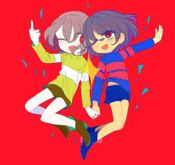 Rule 34 | 2girls, blue footwear, blue shirt, blue shorts, boots, brown footwear, brown hair, brown shorts, chara (undertale), checkpoint, floating, frisk (undertale), green shirt, hand up, holding hands, long sleeves, looking at another, middle finger, multiple girls, one eye closed, open mouth, red background, red eyes, shirt, short hair, shorts, simple background, smile, soseji (tjduswjd), star (symbol), striped clothes, striped shirt, undertale