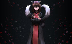 Rule 34 | 1girl, :&lt;, aged up, allcy49, alternate costume, animal ears, black background, black coat, brown eyes, brown hair, cat ears, chen, coat, commentary request, crossed arms, disembodied eye, earrings, hair between eyes, highres, jewelry, long coat, looking at viewer, multiple tails, nekomata, short hair, single earring, solo, tail, touhou, two tails