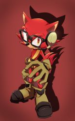 Rule 34 | 1boy, animal ears, avatar (sonic forces), belt, boots, fang, glasses, gloves, headset, highres, male focus, orange eyes, red background, rushia (retreat), sash, shadow, solo, sonic (series), sonic forces, tail, utility belt, wolf, wolf ears, wolf tail