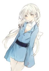Rule 34 | 1girl, belt, blue robe, bow, braid, breasts, cleavage, cowboy shot, detached collar, grey eyes, long hair, looking at viewer, lpip, medium breasts, original, robe, silver hair, simple background, sleeves past wrists, smile, solo, standing, white background, white bow