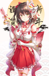 Rule 34 | 1girl, animal print, arrow (projectile), back bow, bell, blush, bnari, bow, bowtie, breasts, brown hair, cleavage, commentary, cow print, cowboy shot, dress, elbow gloves, floral print, gloves, gradient bow, hair between eyes, hair ribbon, hakama, hakama skirt, highres, holding, holding arrow, japanese clothes, jingle bell, large breasts, looking at viewer, mask, mask on head, miko, noh mask, original, panties, parted lips, petticoat, red bow, red bowtie, red hakama, red panties, red ribbon, ribbon, short hair, side-tie panties, skirt, smile, solo, standing, symbol-only commentary, two side up, underwear, white background, white dress, yellow eyes