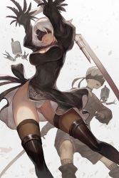 Rule 34 | 1boy, 1girl, arms up, black dress, black thighhighs, blindfold, breasts, dress, feather-trimmed sleeves, highres, hip focus, lack, leotard, long sleeves, medium breasts, mole, mole under mouth, nier (series), nier:automata, pod (nier:automata), short hair, sword, thighhighs, thighs, weapon, white hair, white leotard, 2b (nier:automata), 9s (nier:automata)