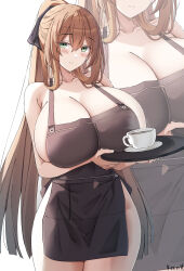 Rule 34 | 1girl, absurdres, apron, blush, breasts, brown hair, closed mouth, collarbone, cup, girls&#039; frontline, green eyes, highres, holding, holding tray, huge breasts, keenh, long hair, looking at viewer, naked apron, ponytail, simple background, smile, solo, springfield (girls&#039; frontline), teacup, tray, white background, wide hips, zoom layer