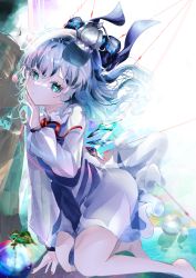 Rule 34 | 1girl, absurdres, adapted costume, arm support, backlighting, barefoot, bloom, blue dress, cirno, dress, expressionless, eyebrows hidden by hair, floating hair, fura (wind rahu), hair between eyes, hand up, hat, highres, ice, ice wings, long hair, long sleeves, looking at viewer, nail polish, neck ribbon, overexposure, puffy long sleeves, puffy sleeves, red ribbon, ribbon, shirt, solo, touhou, wings