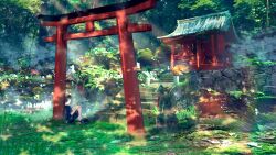 Rule 34 | 1boy, commentary request, commission, dappled sunlight, day, forest, fox, highres, light rays, nature, original, outdoors, plant, scenery, shimekake, shrine, sleeping, stairs, sunlight, torii, wide shot