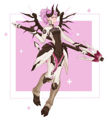 Rule 34 | 1girl, absurdres, armor, breasts, dark persona, demon horns, devil mercy, faulds, full body, highres, horns, imp mercy, mechanical wings, mercy (overwatch), official alternate costume, overwatch, overwatch 1, purple eyes, purple hair, short ponytail, small breasts, solo, staff, viccik, wings