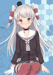 Rule 34 | 10s, 1boy, 1girl, amatsukaze (kancolle), arm support, black panties, blue background, blush, brown eyes, choker, dragon ball, dress, gloves, grey neckerchief, hair tubes, hat, highres, honeycomb (pattern), honeycomb background, honeycomb pattern, kantai collection, knees together feet apart, light smile, long hair, long sleeves, looking at viewer, name connection, neckerchief, panties, pantyshot, pun, red thighhighs, sailor dress, sailor hat, silver hair, single glove, sitting, striped clothes, striped edge, striped thighhighs, tanuxu, tenshinhan, thighhighs, twintails, two side up, underwear, white gloves