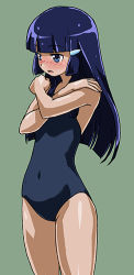 Rule 34 | 10s, 1girl, aoki reika, blue eyes, blue hair, blue one-piece swimsuit, blunt bangs, blush, covered navel, cowboy shot, crossed arms, female focus, from side, green background, hair ornament, hairclip, long hair, matching hair/eyes, one-piece swimsuit, open mouth, precure, rohitsuka, simple background, smile precure!, solo, swimsuit