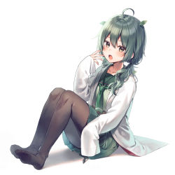 Rule 34 | 1girl, ahoge, brown eyes, brown pantyhose, collarbone, commentary request, green hair, green sailor collar, green serafuku, green shirt, green skirt, hair over shoulder, knees up, lab coat, leaf, leaf on head, long hair, long sleeves, looking at viewer, low twintails, midorikawa you, no shoes, open clothes, open mouth, original, pantyhose, pleated skirt, sailor collar, school uniform, serafuku, shadow, shirt, sitting, skirt, sleeves past fingers, sleeves past wrists, soles, solo, stylus, twintails, white background