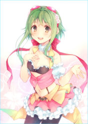 Rule 34 | 1girl, :d, bad id, bad pixiv id, black pantyhose, blush, bra, breasts, cleavage, detached sleeves, frilled skirt, frills, green hair, gumi, hair ribbon, hand on own chest, medium breasts, midriff, navel, open mouth, ousaka nozomi, pantyhose, puffy detached sleeves, puffy sleeves, ribbon, short hair with long locks, skirt, smile, solo, underwear, vocaloid