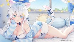 Rule 34 | 1girl, animal ears, bed, blue cardigan, blue eyes, braid, breasts, camisole, cardigan, cat ears, cat girl, cat tail, cleavage, crescent, crescent hair ornament, hair ornament, hand on own cheek, hand on own face, highres, legs, long hair, looking at viewer, lying, medium breasts, navel, on stomach, open mouth, original, pillow, ribbon, shano hiyori, short shorts, shorts, sleeves past wrists, smile, solo, strap slip, striped cardigan, tail, tail ornament, tail ribbon, thighs, virtual youtuber, white camisole, white hair, white shorts, window