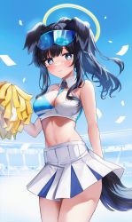 Rule 34 | 182 1x156 (gkyn8274), 1girl, absurdres, animal ears, black hair, blue archive, blue eyes, blush, breasts, cheerleader, cleavage, dog ears, dog girl, dog tail, eyewear on head, facial mark, goggles, goggles on head, halo, hibiki (blue archive), hibiki (cheer squad) (blue archive), highres, holding, holding pom poms, large breasts, long hair, looking at viewer, millennium cheerleader outfit (blue archive), miniskirt, navel, official alternate costume, pom pom (cheerleading), pom poms, skirt, star (symbol), star facial mark, star sticker, sticker on face, tail, text print, white skirt, yellow halo