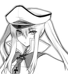 Rule 34 | 1girl, capelet, closed mouth, cross, graf zeppelin (kancolle), greyscale, hair between eyes, hat, high collar, iron cross, kagesaki yuna, kantai collection, long hair, monochrome, peaked cap, portrait, sidelocks, simple background, sketch, solo, twintails