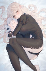 Rule 34 | 1girl, absurdres, ass, bed sheet, black panties, black thighhighs, blonde hair, blush, breasts, character doll, closed mouth, corrin (female) (fire emblem), corrin (fire emblem), fire emblem, fire emblem fates, grey hair, highres, hugging object, jakob (fire emblem), kita 282, large breasts, long hair, long sleeves, looking at viewer, lying, nintendo, on bed, on side, panties, pointy ears, red eyes, slit pupils, smile, solo, thighhighs, underwear, very long hair