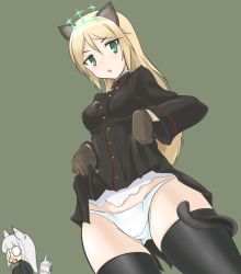 Rule 34 | 2girls, animal ears, bad id, bad pixiv id, black thighhighs, blonde hair, breasts, cat ears, cat tail, clothes lift, dress, dress lift, glasses, gloves, gluteal fold, green eyes, heidimarie w. schnaufer, heinrike prinzessin zu sayn-wittgenstein, hirschgeweih antennas, lifting own clothes, long hair, medium breasts, momio, multiple girls, no pants, noble witches, panties, shirt lift, simple background, strike witches, tail, thighhighs, underwear, white hair, world witches series