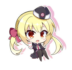 Rule 34 | 1girl, absurdres, arihara nanami, black capelet, black dress, black hat, black pantyhose, blonde hair, blush stickers, bow, braid, capelet, card, chibi, commentary request, dress, drop shadow, four of diamonds, garrison cap, gloves, hair between eyes, hair bow, hand up, happy, hat, highres, holding, holding card, hood, hood down, knees up, long hair, looking at viewer, low twintails, open mouth, pantyhose, red bow, red eyes, riddle joker, side braid, sitting, smile, solo, taiga5556, twintails, white gloves