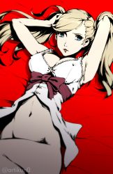 Rule 34 | 1girl, absurdres, arms behind head, arms up, blonde hair, blue eyes, bottomless, breasts, catherine (game), cleavage, cosplay, covered erect nipples, highres, kuno (runkunochan), long hair, looking at viewer, lying, md5 mismatch, medium breasts, nipples, on back, persona, persona 5, solo, takamaki anne, twintails