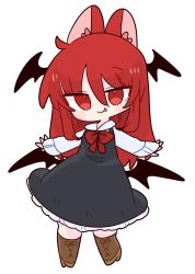 Rule 34 | 1girl, bat wings, blush stickers, boots, chibi, dress, fang, fang out, full body, head wings, highres, koakuma, long hair, op na yarou, outstretched arms, pinafore dress, red eyes, red hair, shirt, simple background, sleeveless dress, solo, touhou, white background, wings