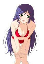 Rule 34 | 10s, 1girl, bikini, breasts squeezed together, breasts, cleavage, frolaytia, green eyes, groin, hands on thighs, highres, leaning forward, long hair, looking at viewer, love live!, love live! school idol project, medium breasts, navel, open mouth, purple hair, solo, swimsuit, tojo nozomi, twintails, very long hair